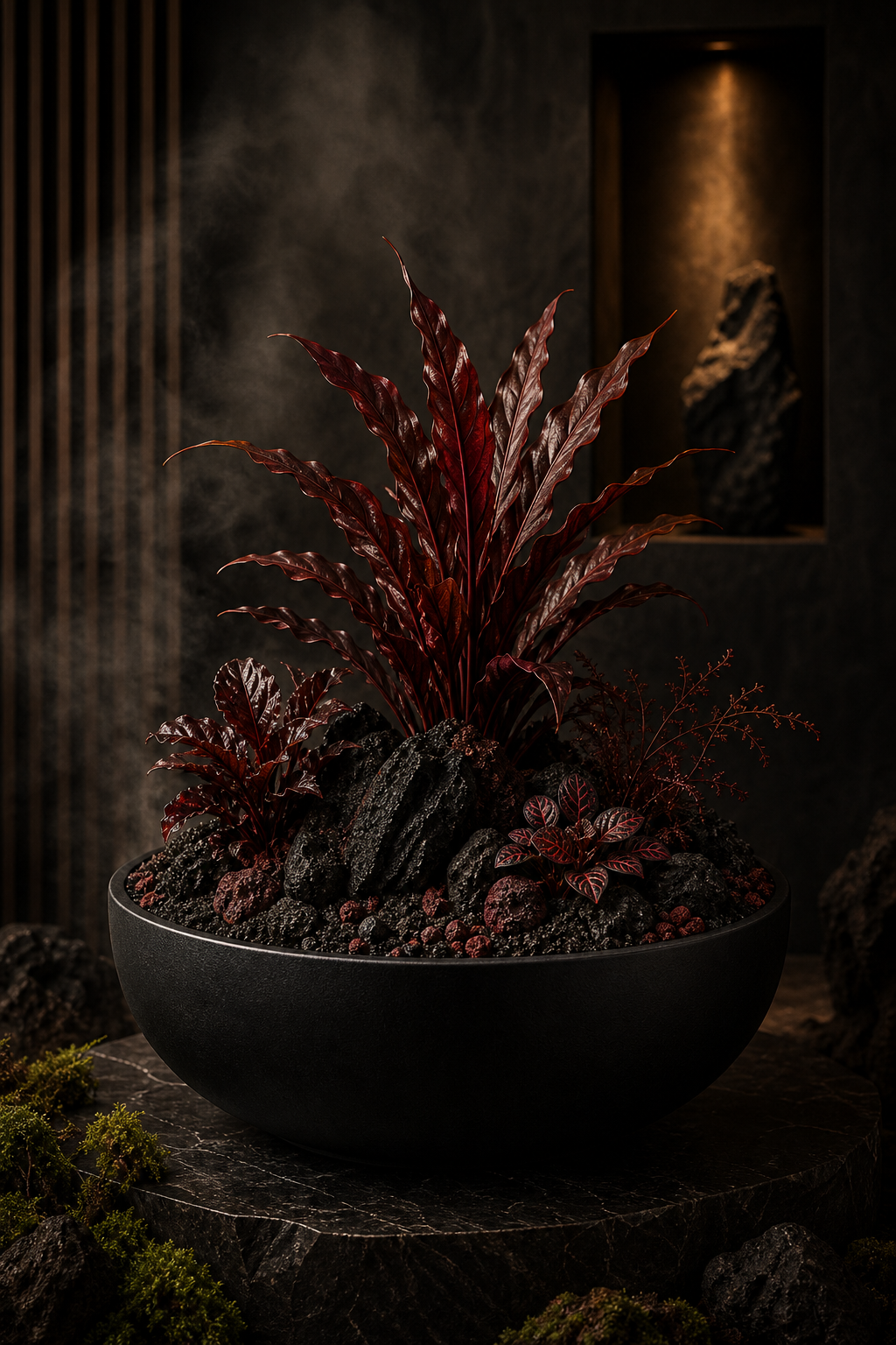 Ashfall living design object with black lava rock, charcoal substrate, red stones and red foliage.