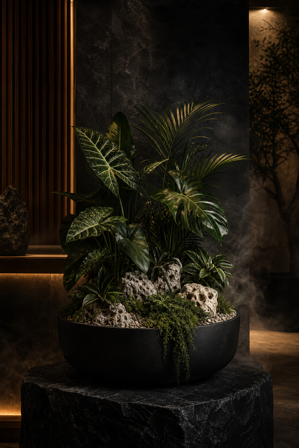 Salt and Tropical living design object with tropical leaves, pale mineral stone, moss and warm light.