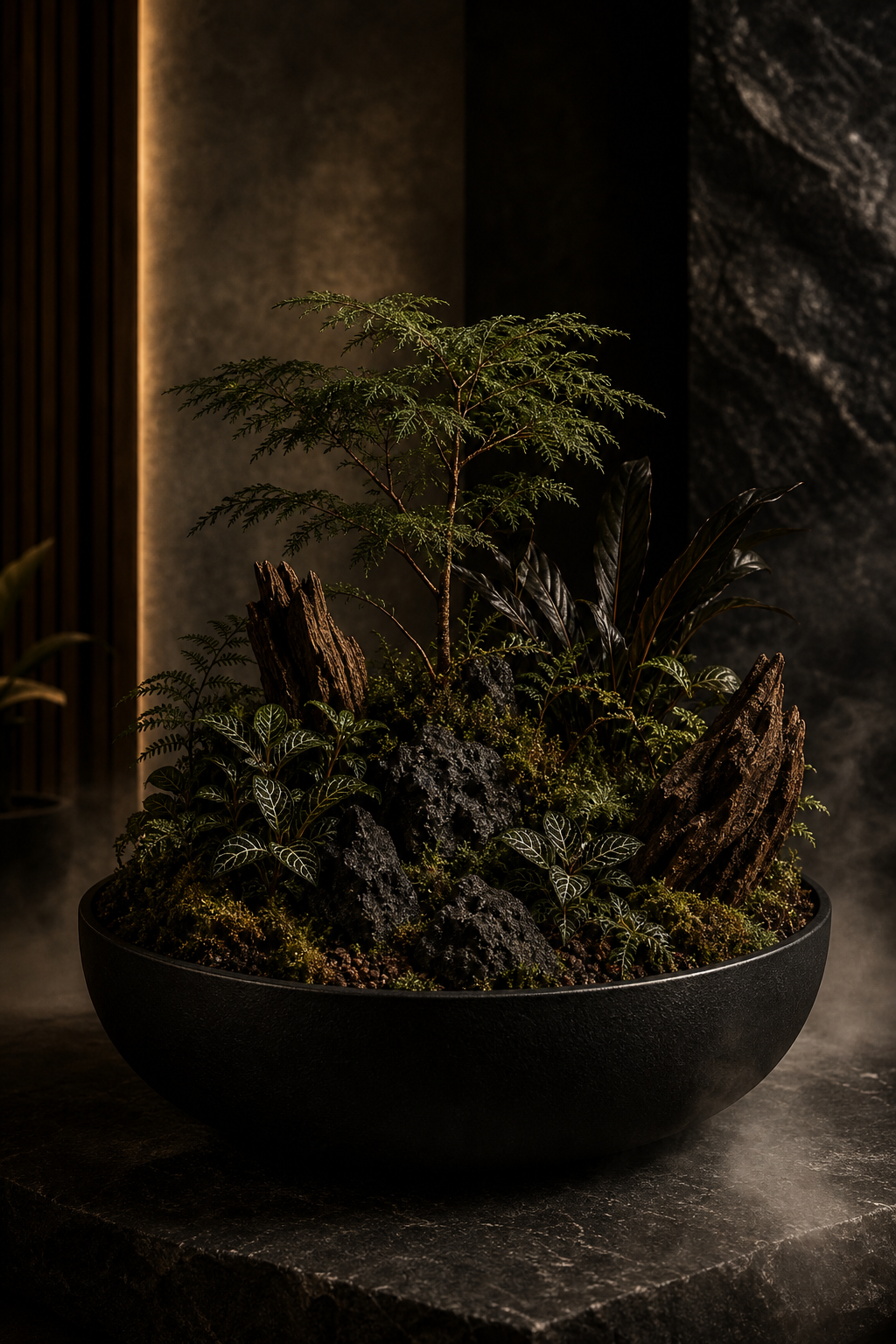 Sotobosque living design object with moss, forest foliage, stone and dark wood.