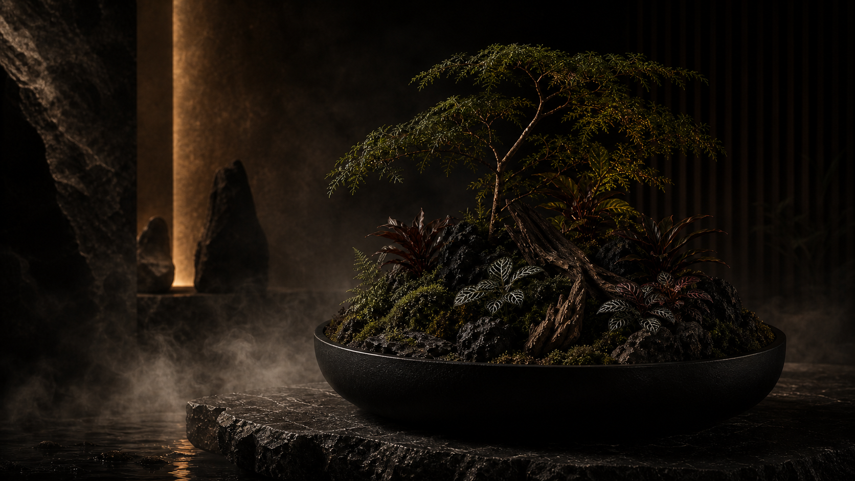 A cinematic Hollow and Moss living design object emerging from mist and warm shadow.